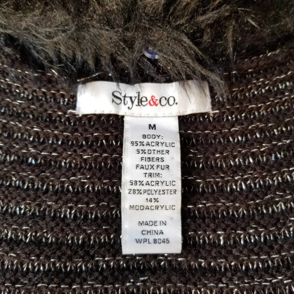 Style & Co Cardigan Sweater Black Silver Threading Removable Faux Trim Medium - Picture 9 of 9